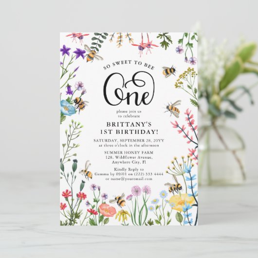 "Sweet-to-Bee" Wilde bloem en bloemBee 1e verjaard Kaart (Staand voorkant)