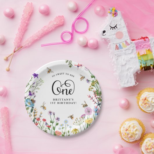 "Sweet-to-Bee" Wilde bloem en bloemBee 1e verjaard Papieren Bordje (Feest)