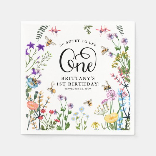 "Sweet-to-Bee" Wilde bloem en bloemBee 1e verjaard Servet (Voorkant)