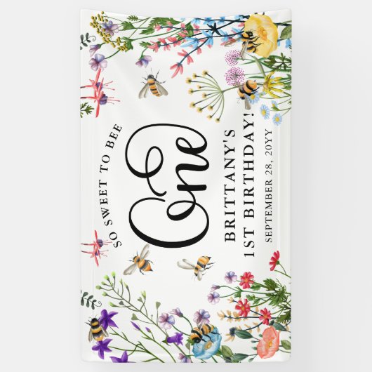 "Sweet-to-Bee" Wilde bloem en bloemBee 1e verjaard Spandoek (Verticaal)