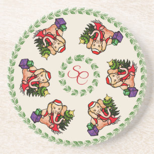 Sweet  Traditional Santa Elephants Monogram Zandsteen Onderzetter
