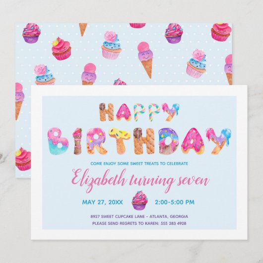 Sweet Treat Birthday Party Invitation Kaart (Voorkant / Achterkant)