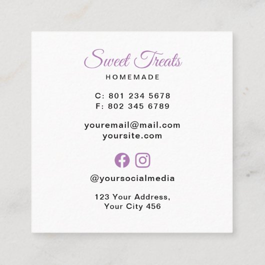 Sweet Treats Bakery Paarse Vierkante Visitekaartje (Achterkant)