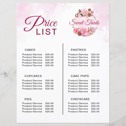 Sweet Treats Bakkerij prijslijst (Voorkant)