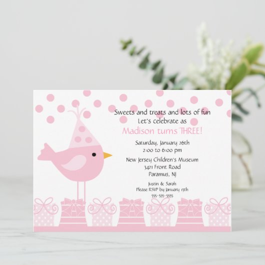 Sweet Trein Birdie Birthday Invitation Kaart (Staand voorkant)
