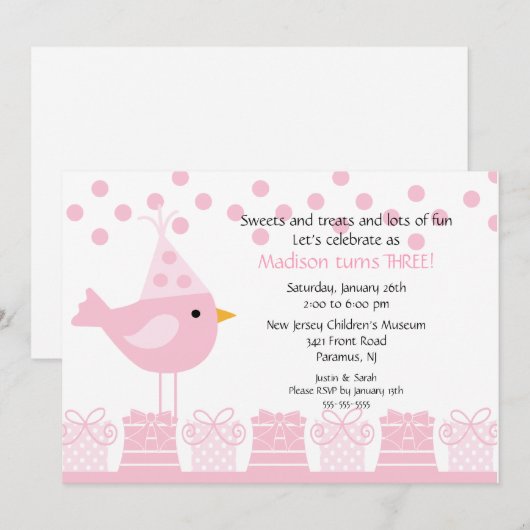 Sweet Trein Birdie Birthday Invitation Kaart (Voorkant / Achterkant)
