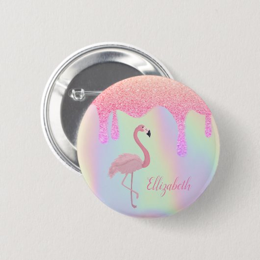 Sweet Trendy Holographic, Pink Flamingo Ronde Button 5,7 Cm (Voorkant /achterkant)
