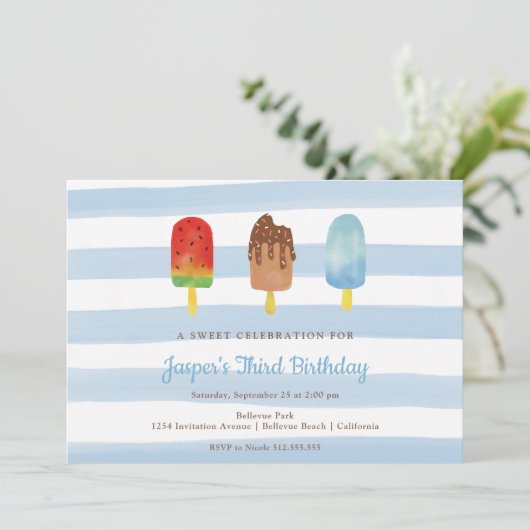 Sweet Treys Blue Boys Birthday Party Kaart (Staand voorkant)