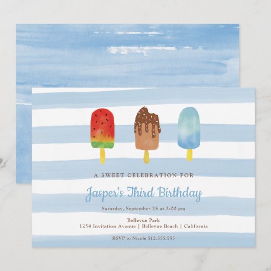 Sweet Treys Blue Boys Birthday Party Kaart (Voorkant / Achterkant)