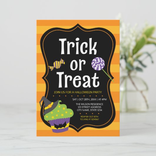 Sweet Trick or treat Halloween Feestuitnodiging Kaart (Staand voorkant)