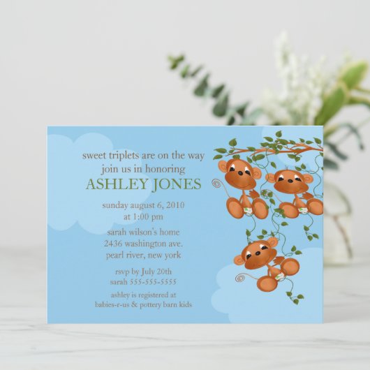 Sweet Triplets Baby aap Baby shower Kaart (Staand voorkant)
