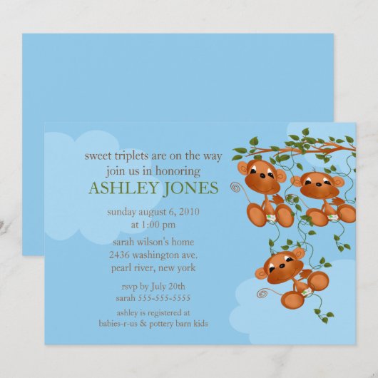 Sweet Triplets Baby aap Baby shower Kaart (Voorkant / Achterkant)