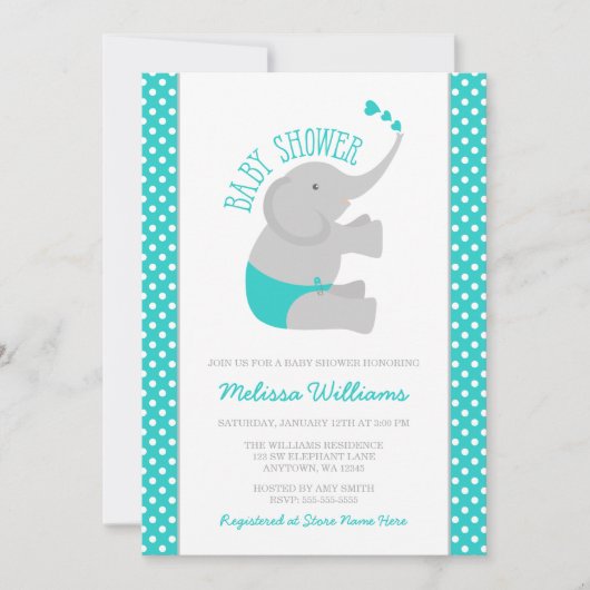 Sweet Turquoise Grey Elephant Baby shower Kaart (Voorkant)