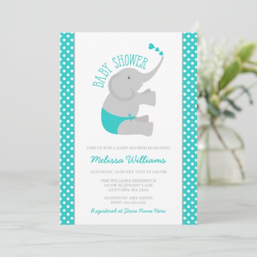 Sweet Turquoise Grey Elephant Baby shower Kaart (Staand voorkant)