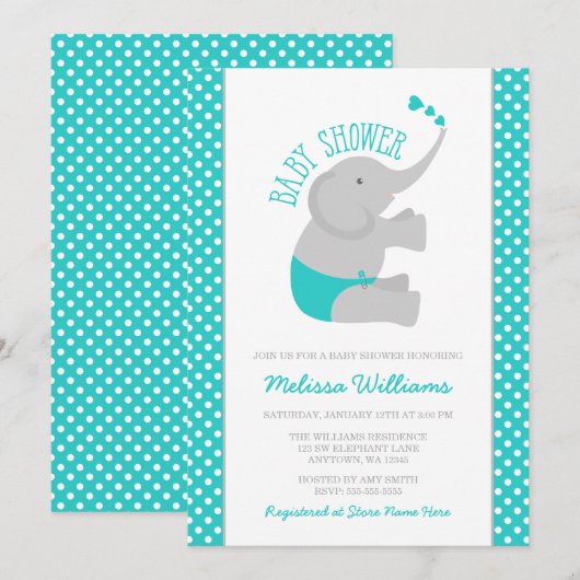 Sweet Turquoise Grey Elephant Baby shower Kaart (Voorkant / Achterkant)