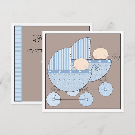 Sweet Twin Boy Two Carriage Baby shower Invitation Kaart (Voorkant / Achterkant)