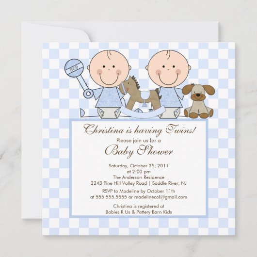 Sweet Twin Boys Twins Baby shower Invitation Kaart (Voorkant)
