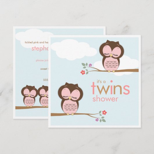 Sweet Twins Hoot Eigenaar Roze Baby shower Uitnodi Kaart (Voorkant / Achterkant)