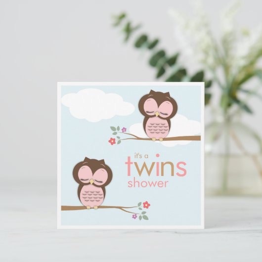 Sweet Twins Hoot Eigenaar Roze Baby shower Uitnodi Kaart (Staand voorkant)