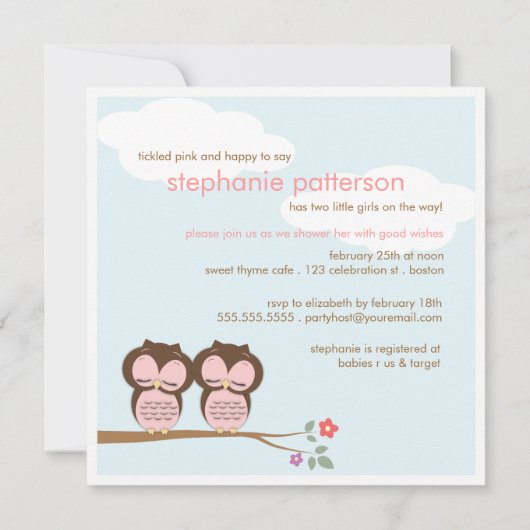 Sweet Twins Hoot Eigenaar Roze Baby shower Uitnodi Kaart (Achterkant)