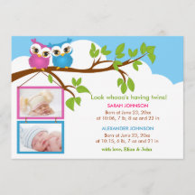 Sweet Twins Owl Girl Boy Foto geboorteaankondiging