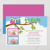 Sweet Twins Owl Girl Boy Foto geboorteaankondiging Aankondiging (Voorkant / Achterkant)