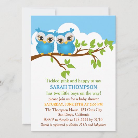 Sweet Twins Owls Boy Baby shower Invitation Kaart (Voorkant)