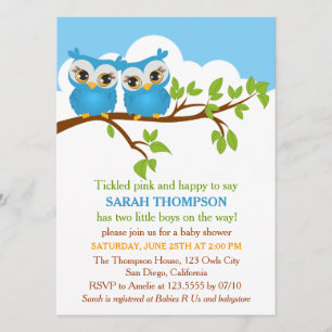 Sweet Twins Owls Boy Baby shower Invitation Kaart