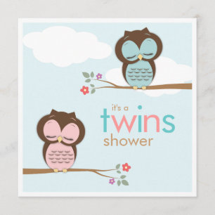 Sweet Twins Owls Boy Girl Baby shower Invitation Kaart