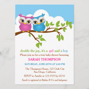 Sweet Twins Owls Boy Girl Baby shower Invitation Kaart