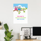 Sweet Twins Owls Boy Girl Baby shower Poster (Thuiskantoor)