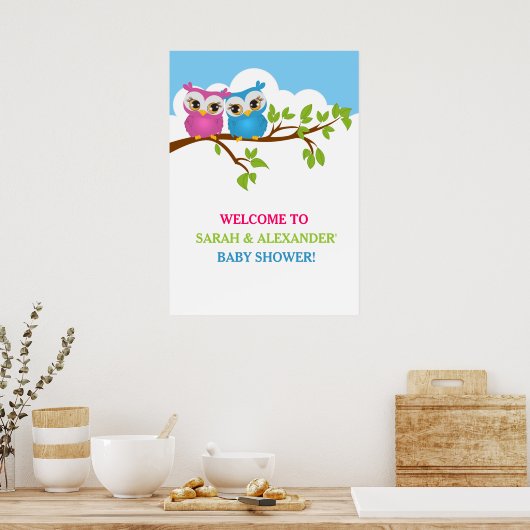 Sweet Twins Owls Boy Girl Baby shower Poster (Keuken)
