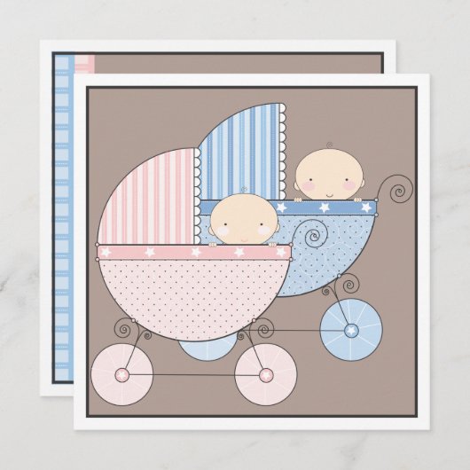 Sweet Twins Two Carriage Baby shower Invitation Kaart (Voorkant / Achterkant)