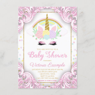 Sweet Unicorn Baby Girl Shower Invitations Kaart