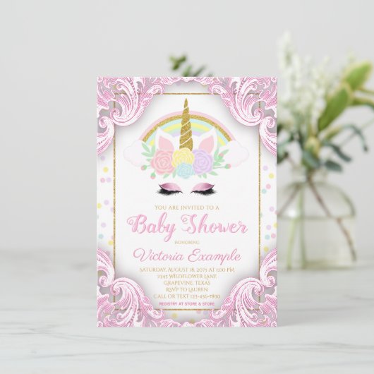 Sweet Unicorn Baby Meisje Douche Uitnodigingen (Staand voorkant)
