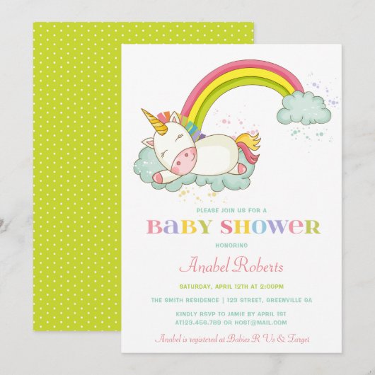 Sweet Unicorn Baby shower Invitation Rainbow Kaart (Voorkant / Achterkant)