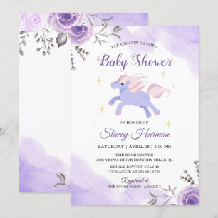 Sweet Unicorn Pastel Paars Floral baby shower Kaart