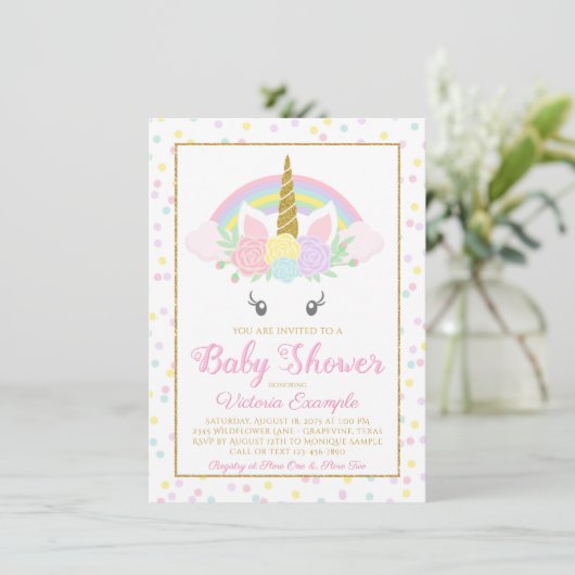 Sweet Unicorn Rainbow Baby Girl Douche Uitnodiging (Staand voorkant)