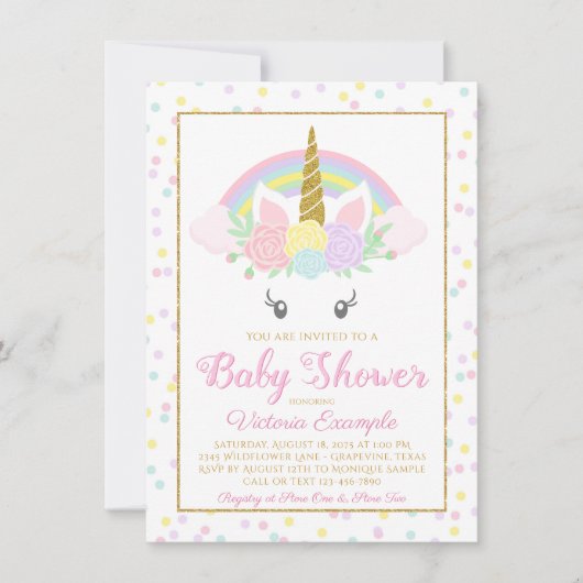 Sweet Unicorn Rainbow Baby Girl Douche Uitnodiging (Voorkant)