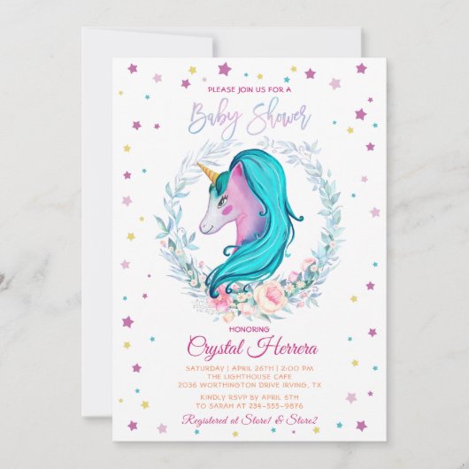 Sweet Unicorn Waterverf Floral Baby shower Kaart (Voorkant)