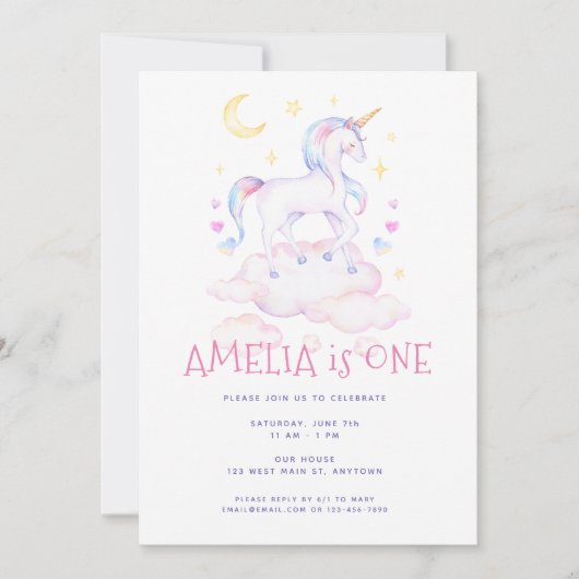 Sweet Unicorn Waterverf Roze kinderen van afgelope Kaart (Voorkant)