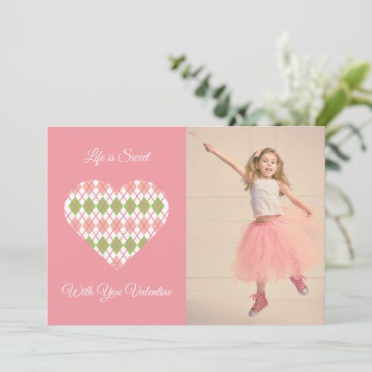 Sweet Valentijn Argyle Heart Pink and Green (roze) Feestdagenkaart (Staand voorkant)