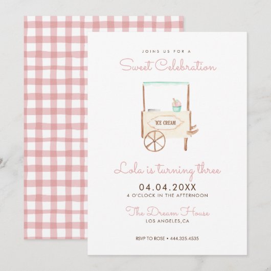 Sweet Viering Ice Cream Roze Verjaardag Kaart (Voorkant / Achterkant)