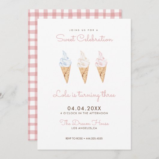 Sweet Viering Ice Cream Roze Verjaardag Kaart (Voorkant / Achterkant)
