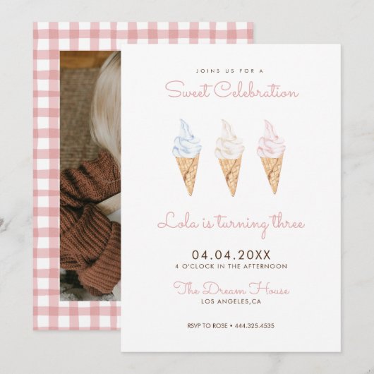 Sweet Viering Ice Cream Roze Verjaardag Kaart (Voorkant / Achterkant)