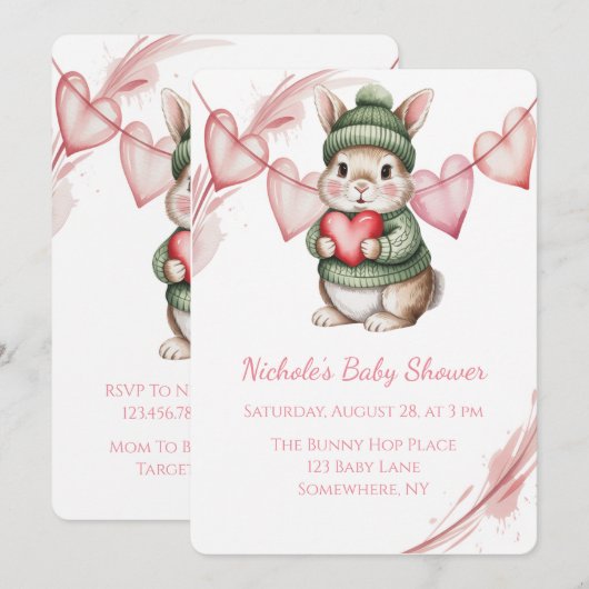 Sweet Watercolor Bunny Baby Shower  Kaart (Voorkant / Achterkant)
