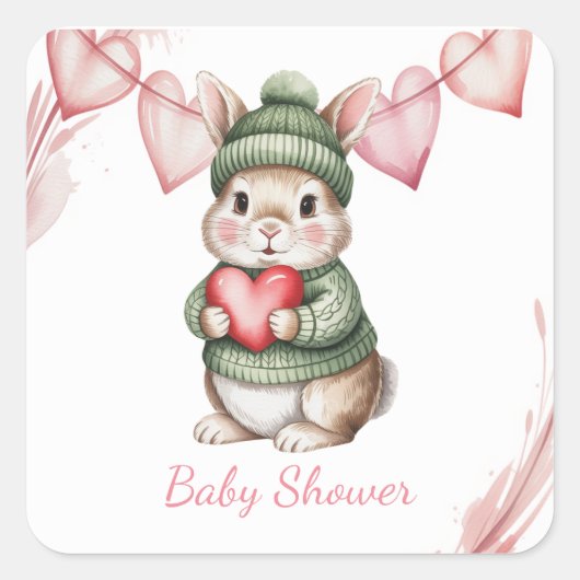 Sweet Watercolor Bunny Baby Shower Vierkante Sticker (Voorkant)