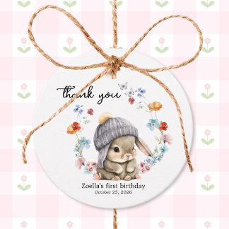 Sweet Watercolor Bunny Floral First Birthday  Bedankjes Labels