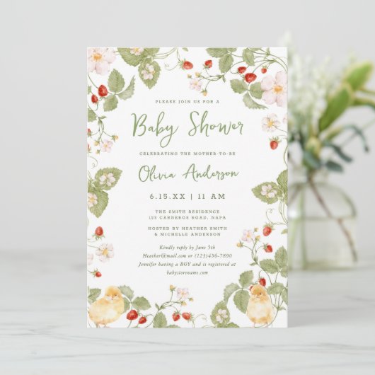 Sweet Watercolor Strawberry Chicks Baby Shower Kaart (Staand voorkant)