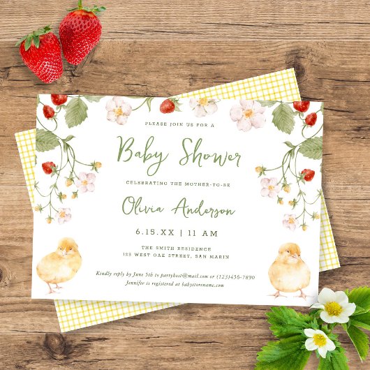 Sweet Watercolor Strawberry Chicks Baby Shower Kaart